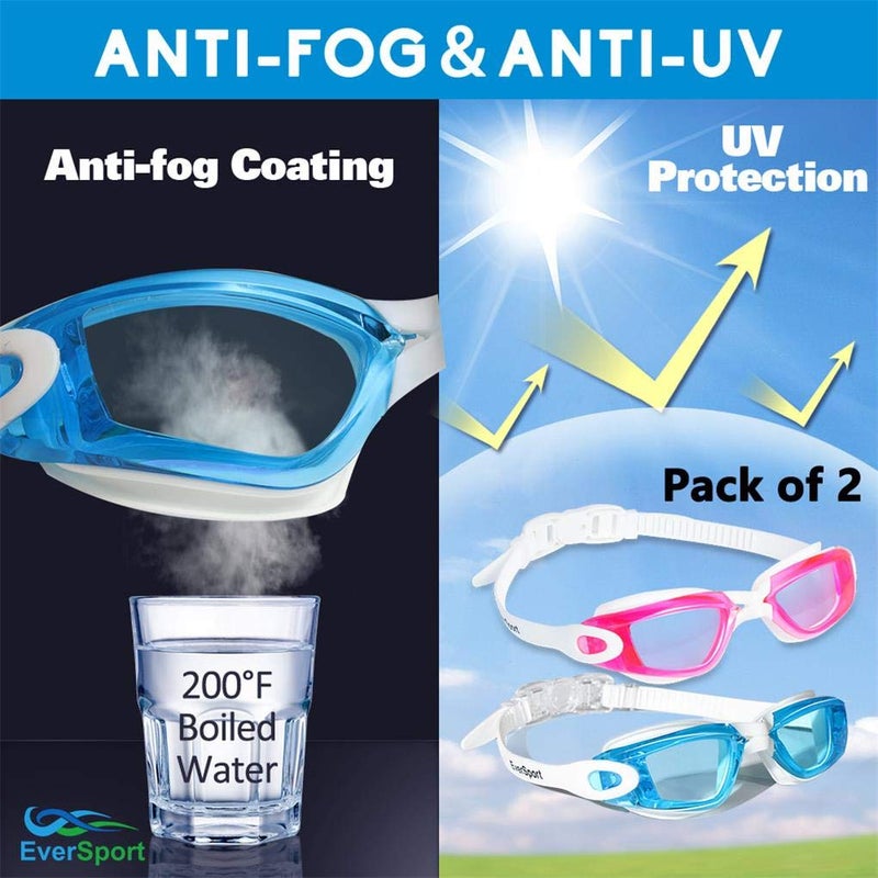 EverSport Kids Swim Goggles, Pack of 2 Swimming Goggles for Children Teens, Anti-Fog Anti-UV Youth Swim Glasses Leak Proof for Age4-16 - Image 4